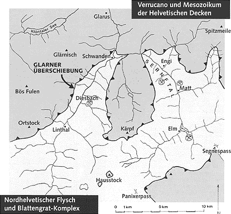 Geologische Karte der Region Glarus mit Glarner Überschiebung, Sernftal, Engi und Elm