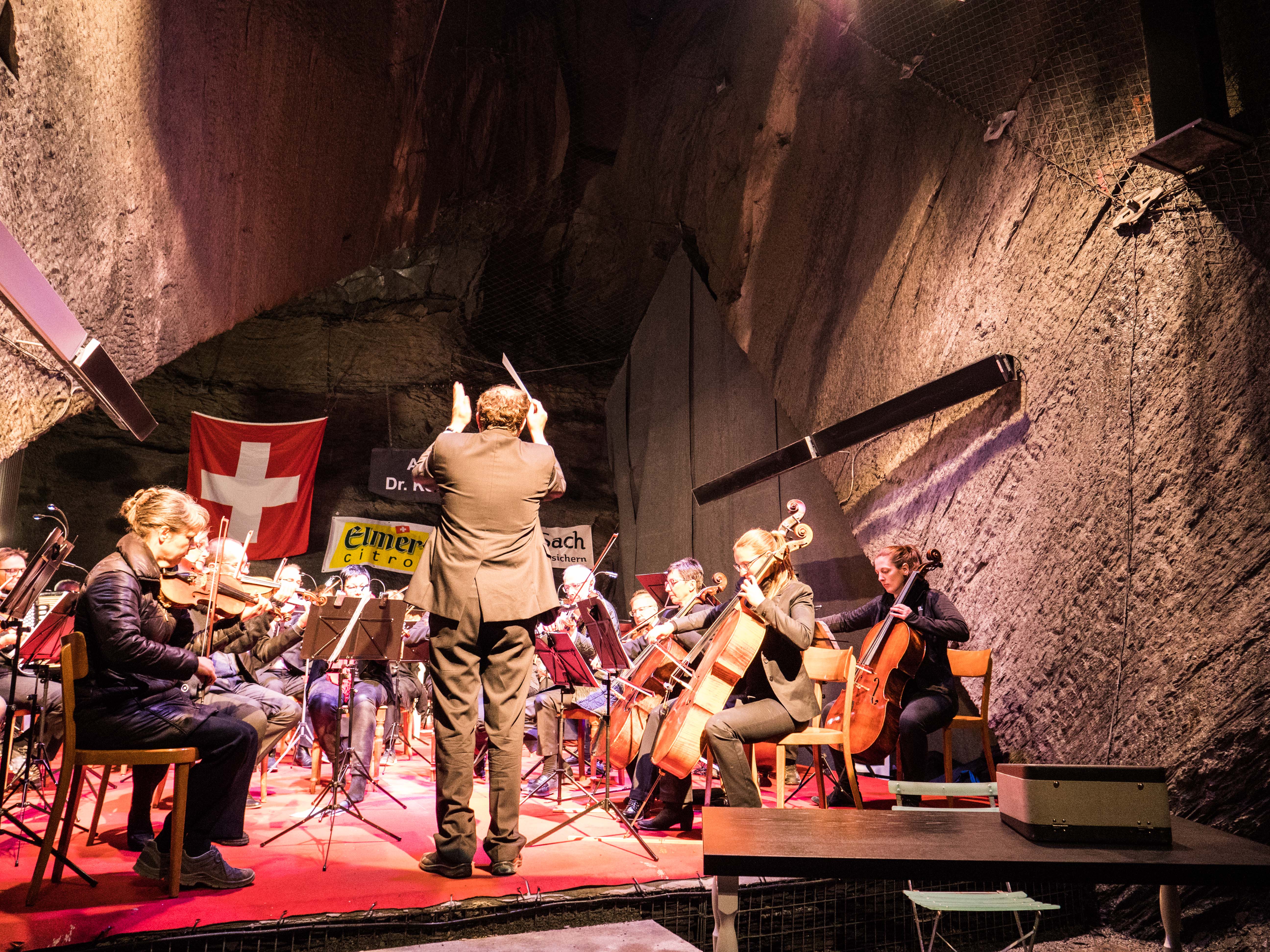 Streicher und Dirigent beim Konzert im Landesplattenberg