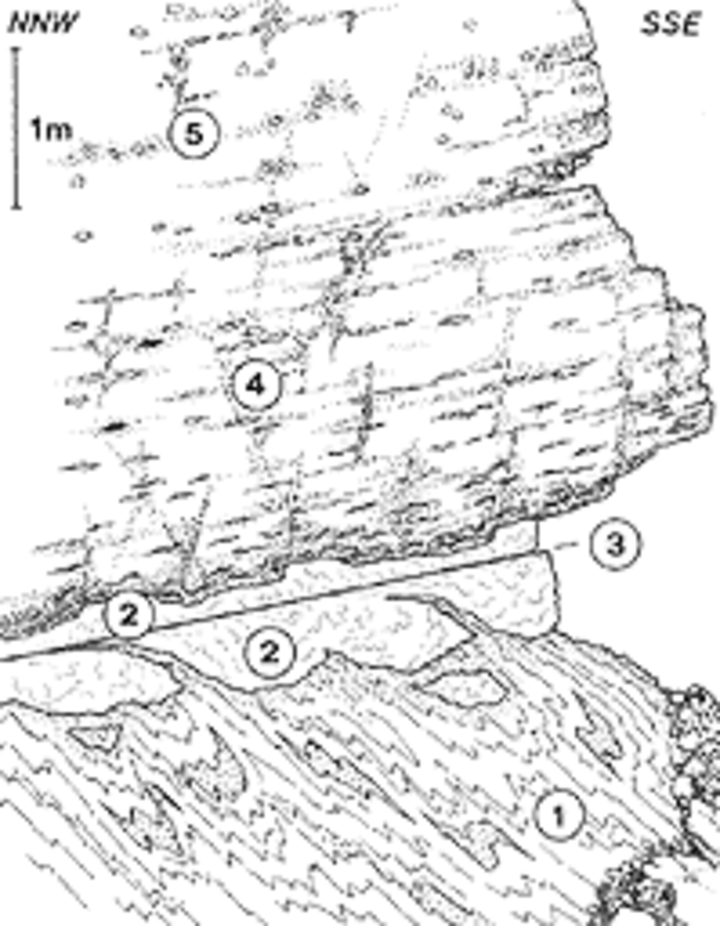 Zeichnung der Überschiebung von Verrucano auf Flysch an der Lochseite bei Schwanden